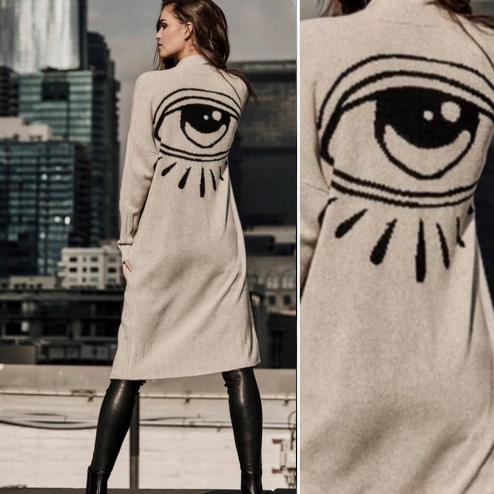 Skull Cashmere Long Cream Cardigan with Black Eye Motif